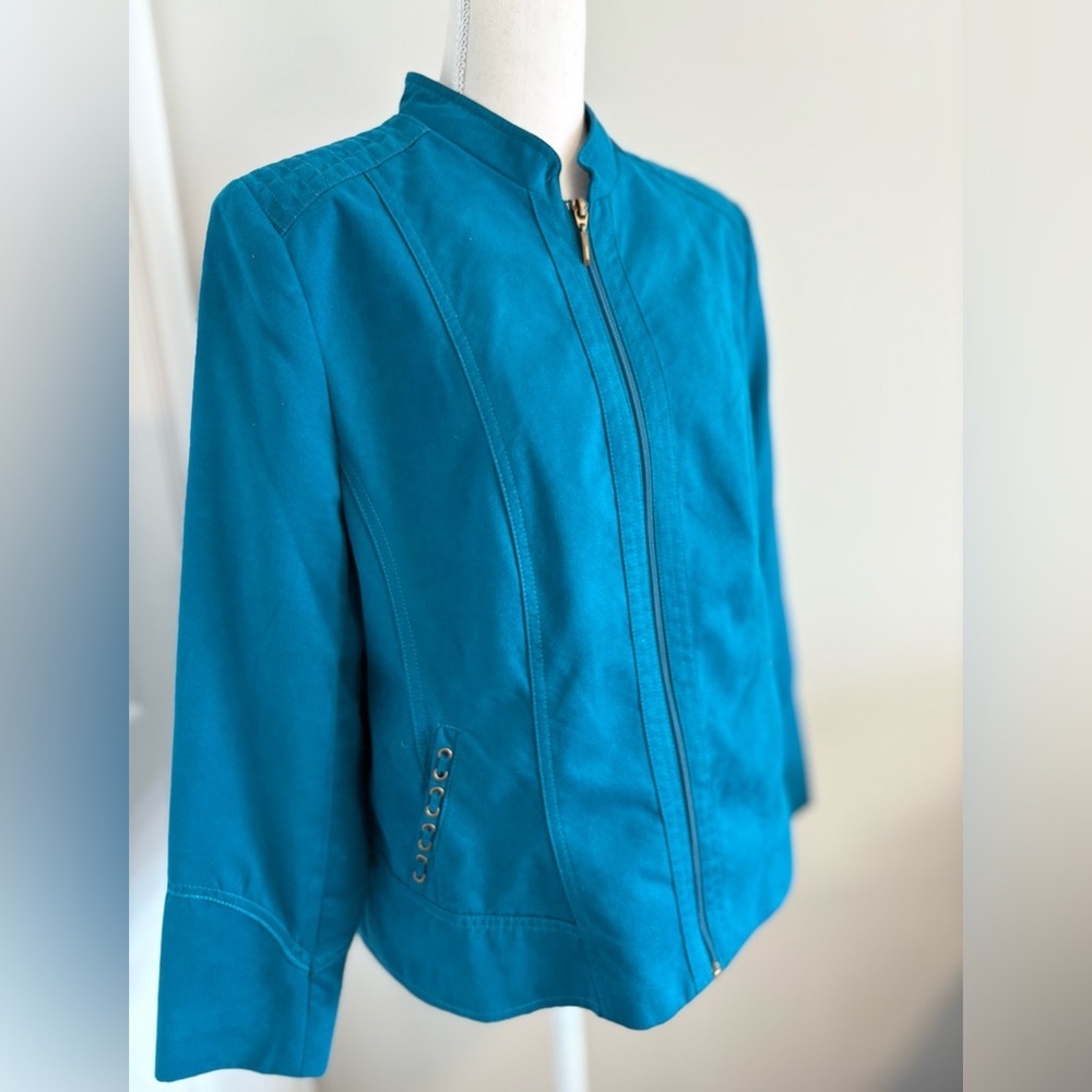 TanJay Women’s Teal Faux-Suede Zip Front Jacket Size 14 Petite - Picture 2 of 14